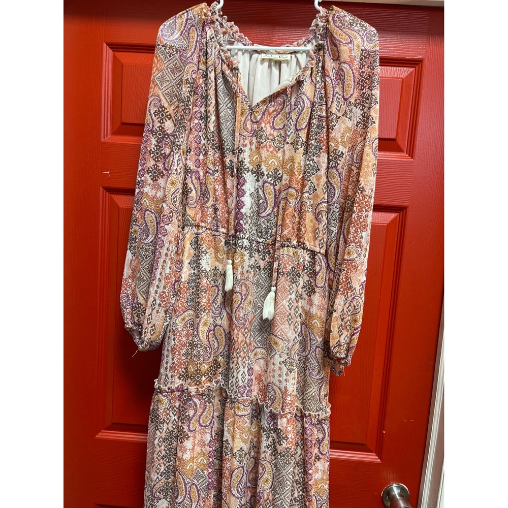 Indigo Rose Paisley Patchwork Maxi Dress Long Sleeve Tassel Boho Terracotta L